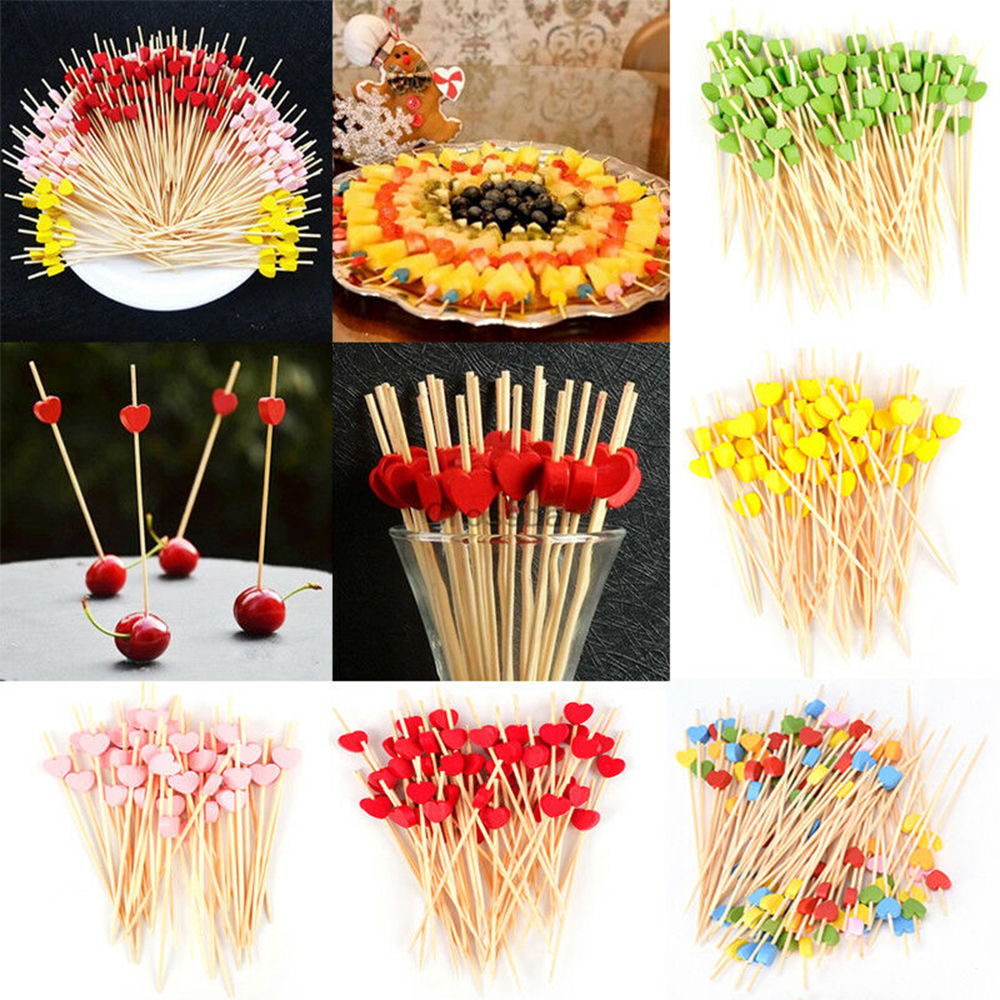 100 pièces 12cm jetable bambou coeur brochette fruits Dessert gâteau signe Cocktail choisir mignon nourriture bâton Buffet décoration de gâteaux fête