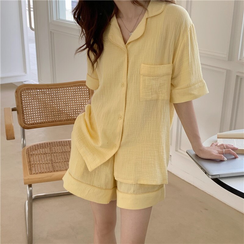 Pyjama coréen chic de couleur pure pour femmes, vêtements de maison d&#39;été en gaze de coton, ensemble de 2 pièces à manches courtes, vêtements de nuit respirants Y900: yellow