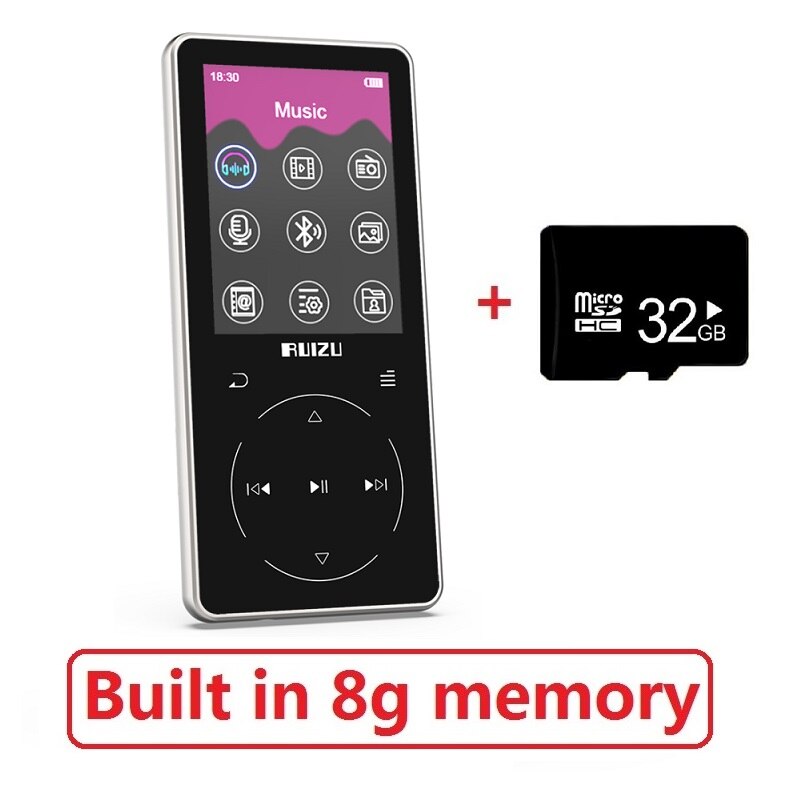 Nuovo Metallo RUIZU D16 Portatile Bluetooth Lettore MP3 Schermo da 2.4 pollici 8gb/16gb HiFi Giocatore di Musica di Sostegno FM, la registrazione, E-Book,Video: silver 8G add 32G
