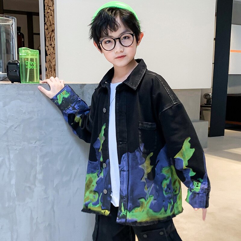 Herfst Kinderkleding Jongens Zwarte Jas Tiener Jongens Print Casual Jas Kids Turn-Down Kraag Vest Tops 6 8 10 12 14 Jaar