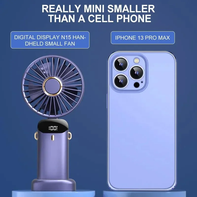Mini ventilador portátil de mano, ventiladores plegables para colgar en el cuello, ventilador recargable por USB de 5 velocidades con soporte para teléfono y pantalla de visualización de 1800mAh