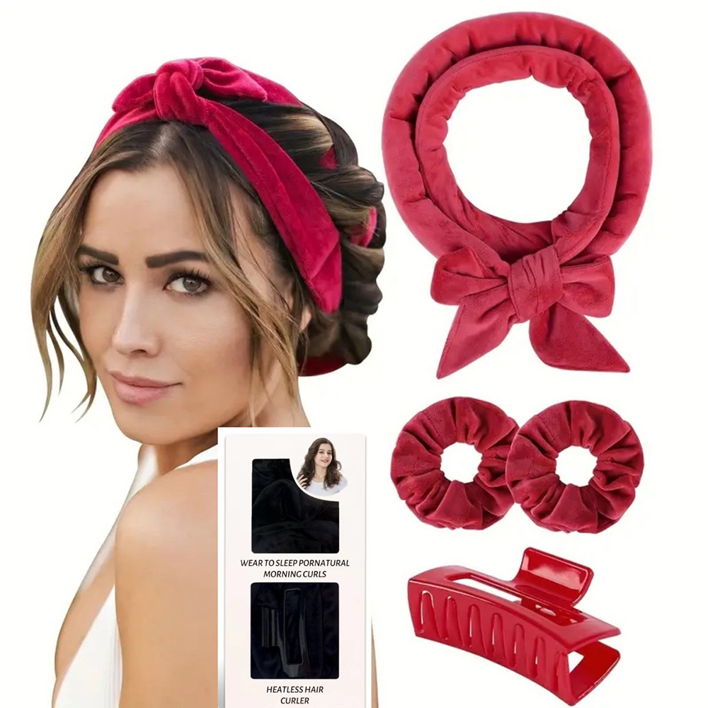 Heatless Curling Rod Headband For Long Hair Overnight Curlers to Sleep In 61" Hair Rollers Soft Cotton Velour Hair Rollers: Rood