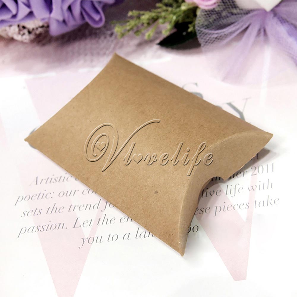 50 Stks/partij Stijl Kussen Vorm Doos Snoep Box Geschenkdoos Voor Wedding Party Favor Decor Karton/Pvc/bruin Kraft: khiki