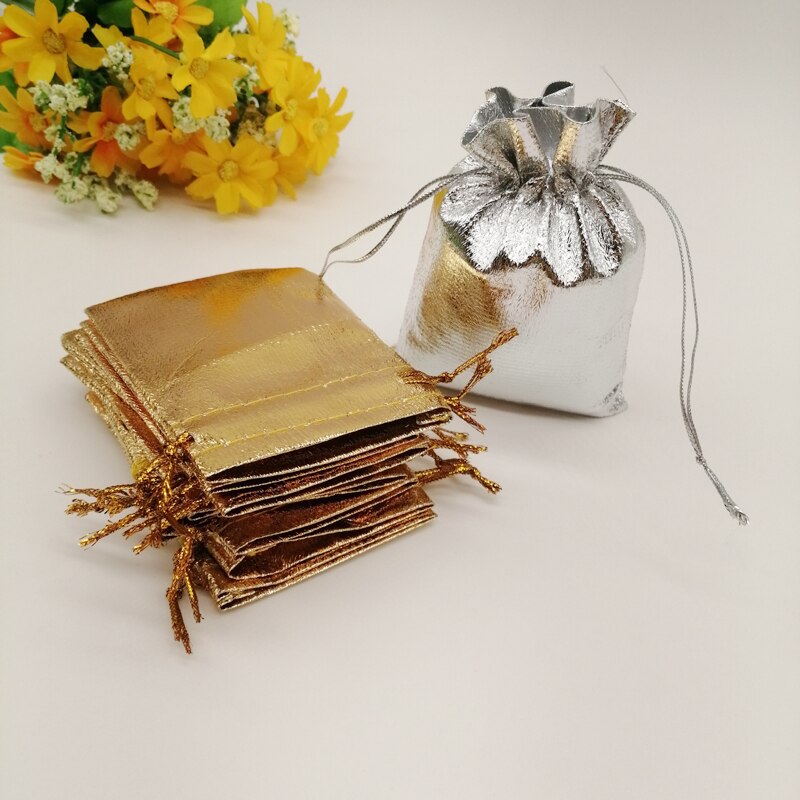 Bolsa de embalaje de tela de aluminio para joyería, bolsa de embalaje de joyería de boda, con cordón dorado y plateado, 50 Uds.