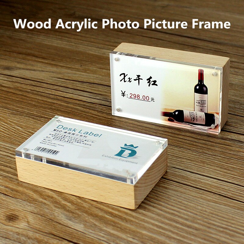 Magnetic Tabletop Wood Block Menu Holder Display Stand Counter Acrylic Picture Photo Frame Price Label Holder