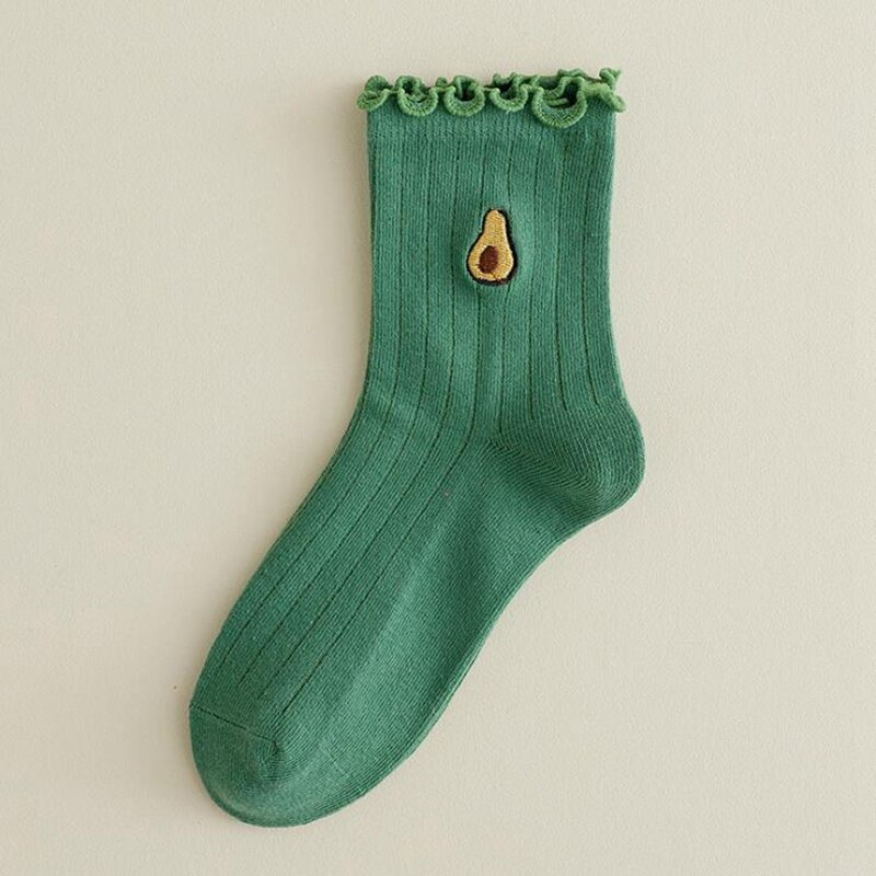 Frilly Embroidered Sock Spring Summer Japan Harajuku Kawaii Cartoon Fruit Cotton Socks Girl Streetwear Happy Casual SOX: Green