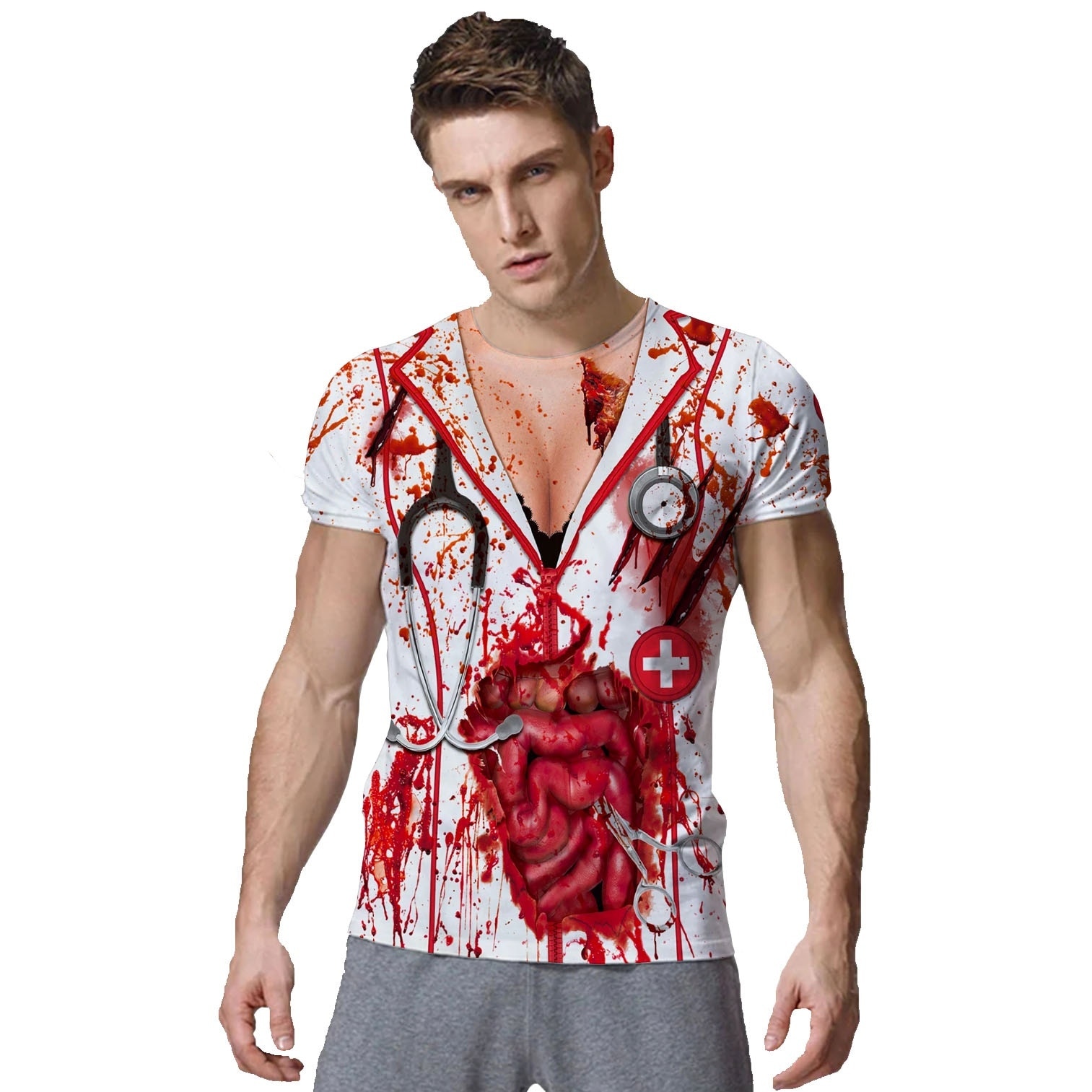 Halloween Horror Human Body Bloody 3D Printed T-Shirt Men Short Sleeved Funny Shirts O-neck