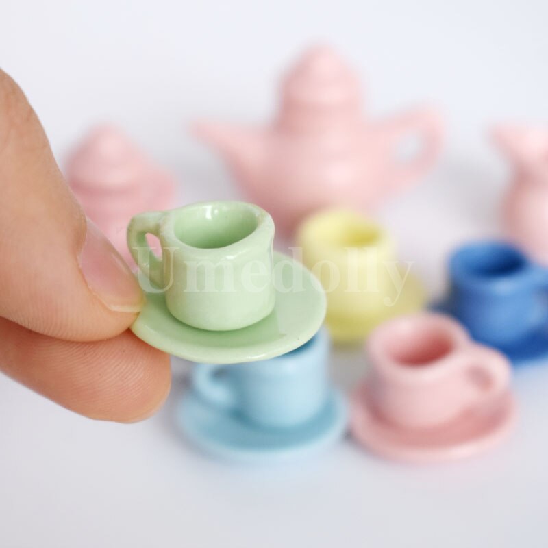 Cute Colorful 1/12 Dollhouse Miniature Porcelain Tea Cup Dish Sets Mini Teapot Pretend Play Kitchen Tableware Toy
