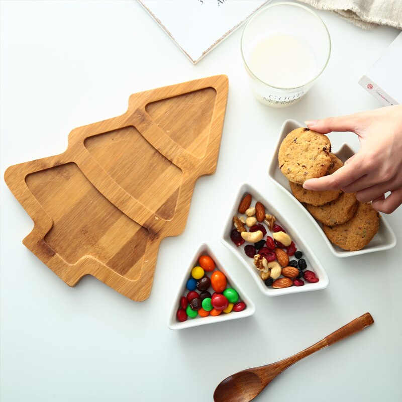 4Pcs/set Christmas Tree Dish Dinnerware Salad Cake Fruit Dessert Candy Ceramic Dishes Porcelain Plates Tray Tableware Set Xmas