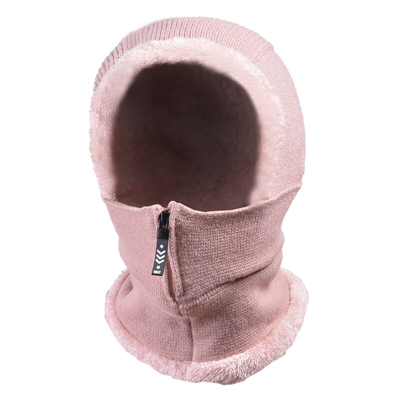 Winter Girl Knitted Hat Fleece Hood Thermal Face Cover with Zip Hat Vogue Neck Warmer Ski Riding Snow Cap Beanie Outdoor: Pink