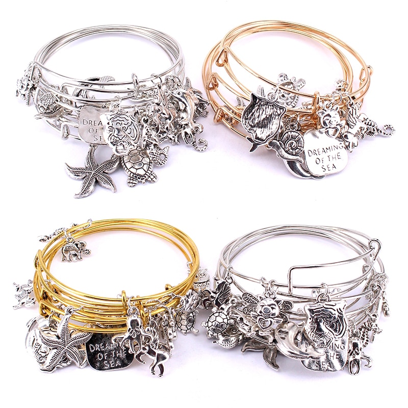 5pcs Bangle Set Wire Bracelets for Women Girls Jewllery Mixed Marine Life Starfish Dolphin Turtle Charm Bracelets C039