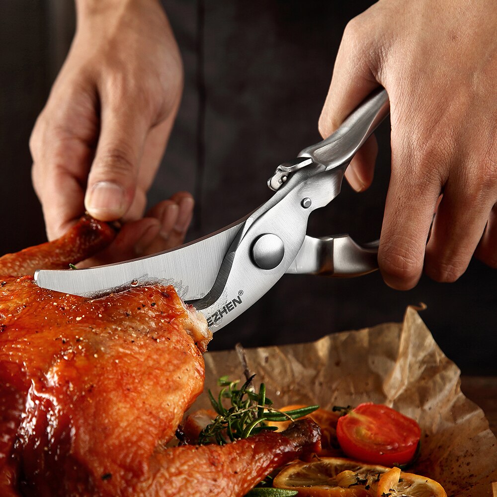 Hezhen tesoura de cozinha de aço inoxidável 3cr14mov, equipamento de cozinha tesoura para cortar osso de galinha ferramenta de cozinha