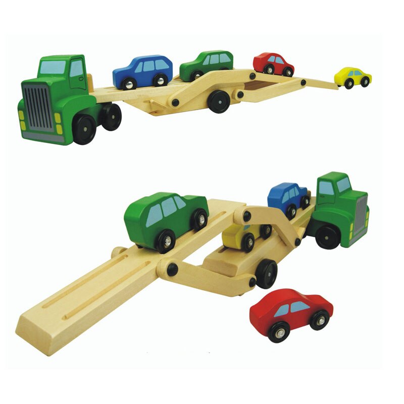 Nuovi giocattoli per ragazzi in legno Double Transporter Drag Toy Model + Four Car Model Toys regali divertenti per bambini