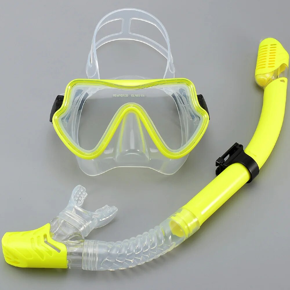 Tauchmaske Schnorchelset für Erwachsene, gehärtetes Glas, professionelle Panorama-Schnorchelausrügestochen, Schwimmtraining, Schnorchelset: Licht Gelb