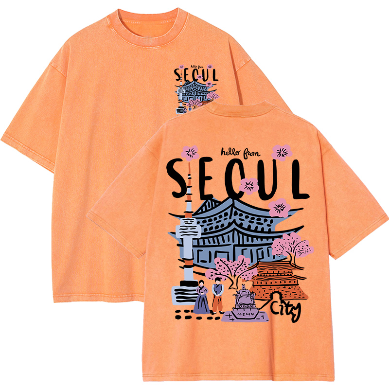 Seoul vacker natur tryckt tvättad t-shirt dam sommar rund hals kläder trendiga bomull kortärmade casual t-shirts: Xxl / Orange