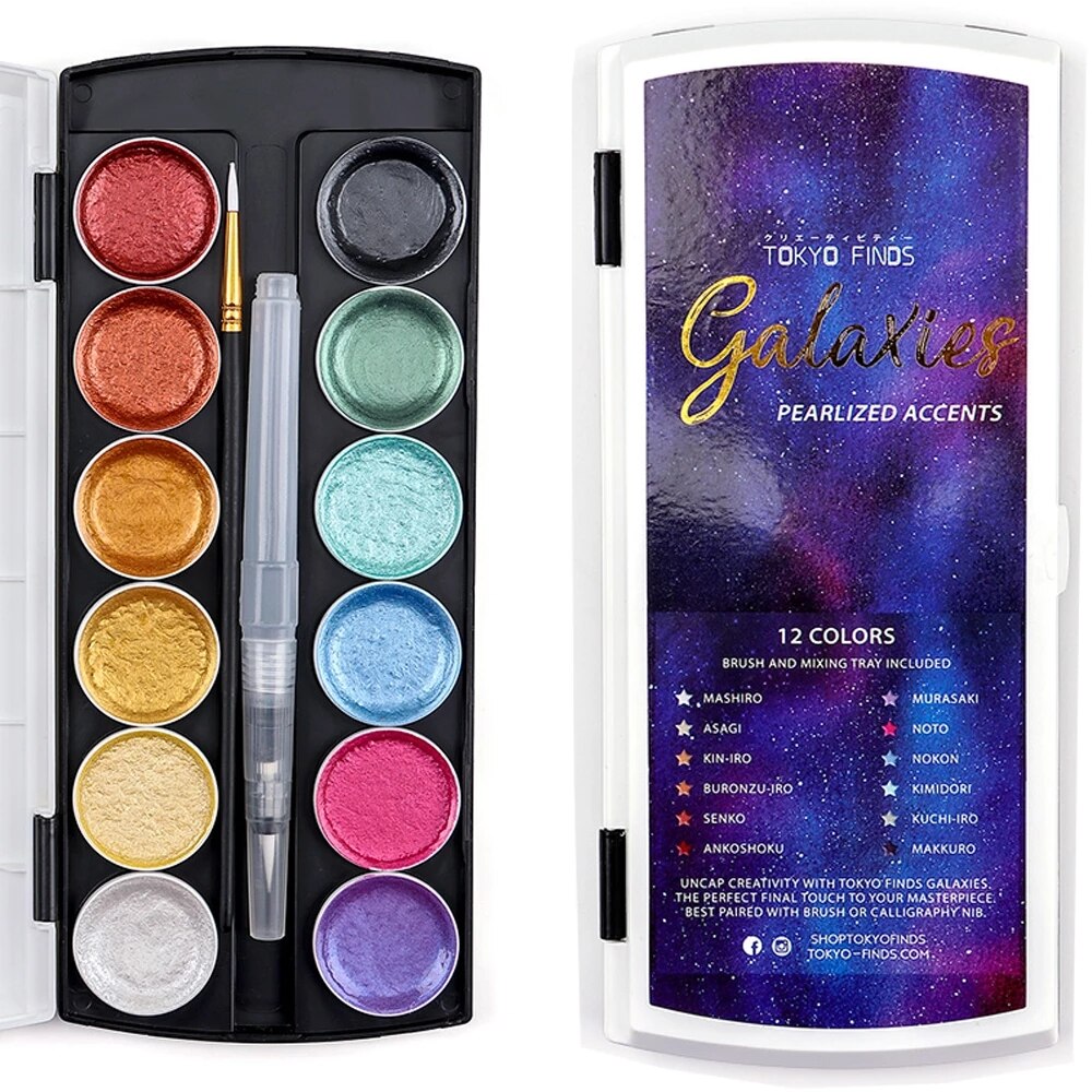 12 färg metallic akvarell set guld pigment färg med vattenpensel för konstnär målning glitter vatten färg konst tillbehör: 12 runda akvareller