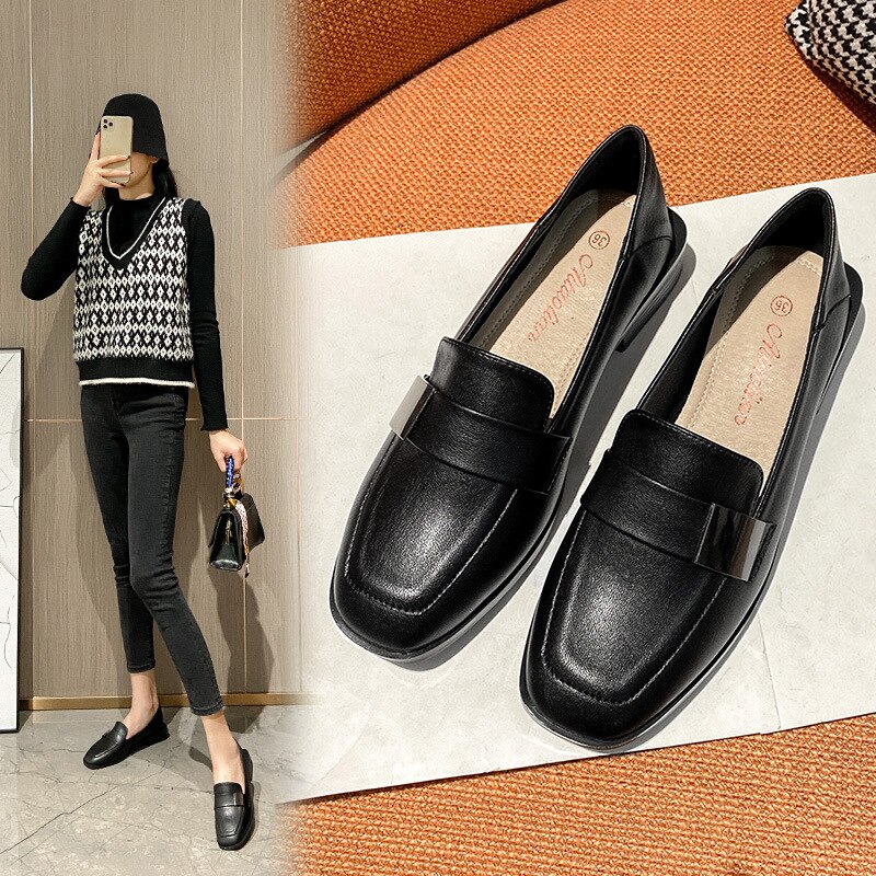 Zapatos planos con punta redonda y plataforma para mujer, mocasines suaves y poco profundos con piel, informales, para otoño,