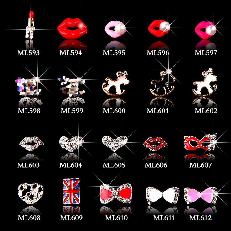 10 st nyaste kristall färgglada naglar strass legering nagelkonst dekorationer diy glitter röda läppar 3d naglar smycken manikyr tillbehör