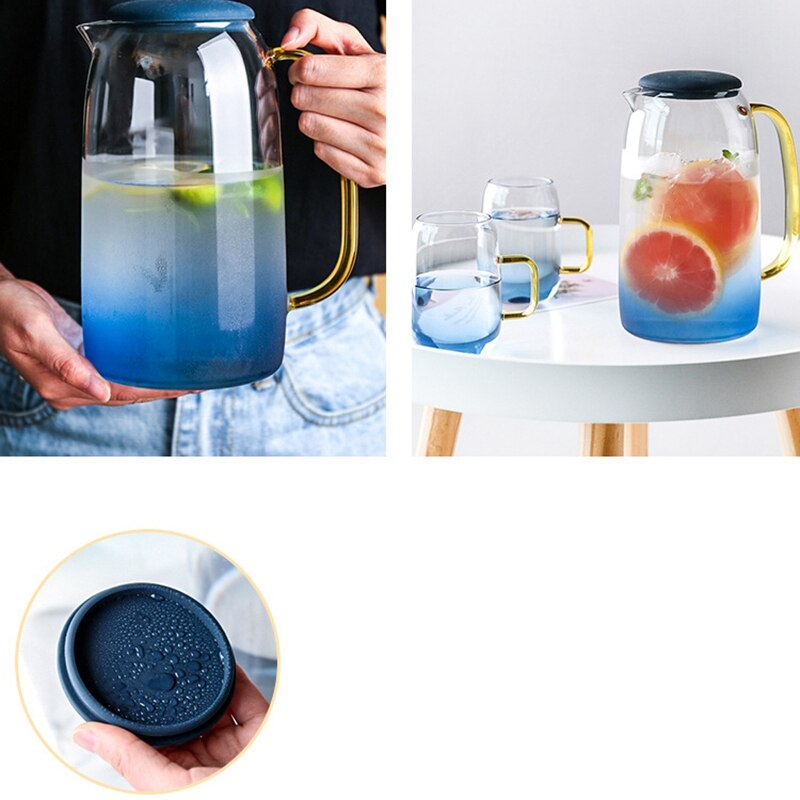 Set van blauwe marmeren flessen voor koud water, hittebestendige glazen pot en waterkoker