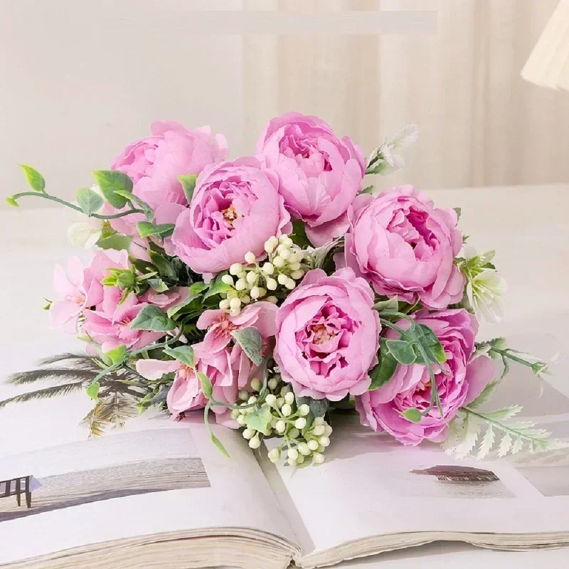 Simulazione di seta fiori argento neve peonia mazzo pianta verde centro commerciale decorazione artificiale peonie arancioni fiore finto