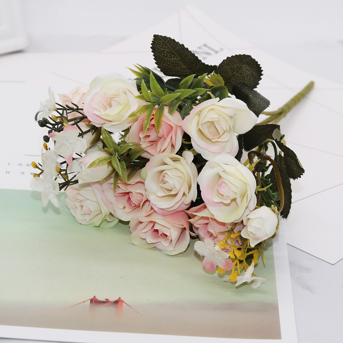 13 huvuden siden rosor brudbukett bröllop juldekoration för hem vas prydnadsväxter blomkruka konstgjorda blommor scrapbooking: 4