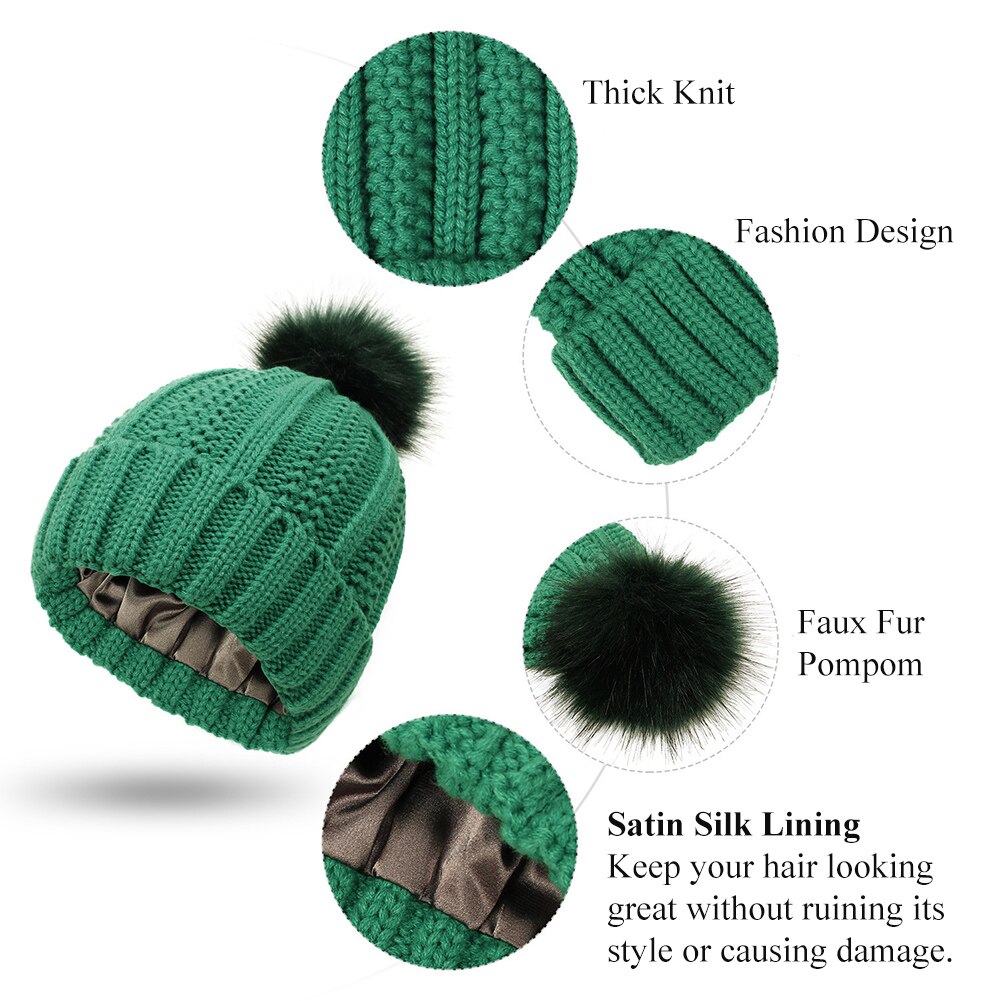 Gorros de satén con forro de seda para mujer, gorros de punto con pompón de piel sintética, para invierno