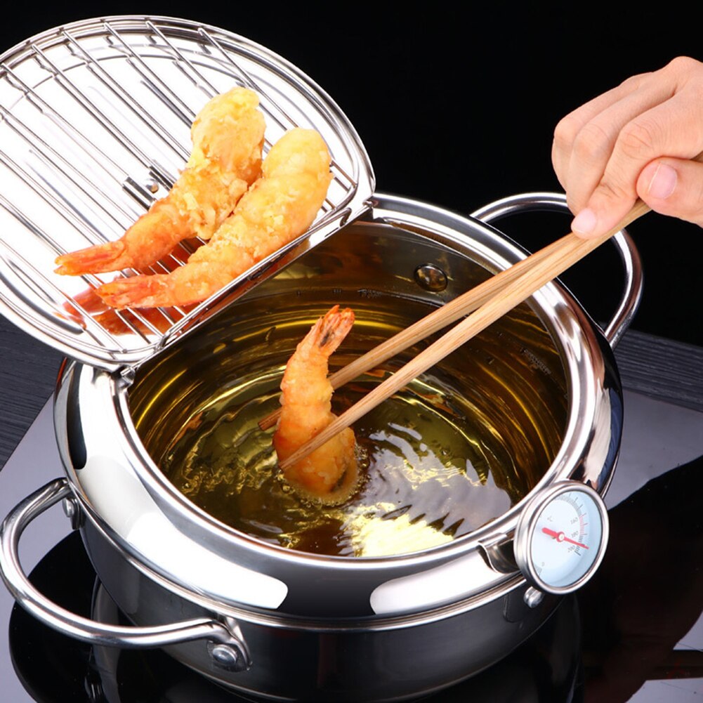 Japanese Tempura Deep Frying Pot with Thermometer Lid Stainless Steel Kitchen Fryer Pan Cookware