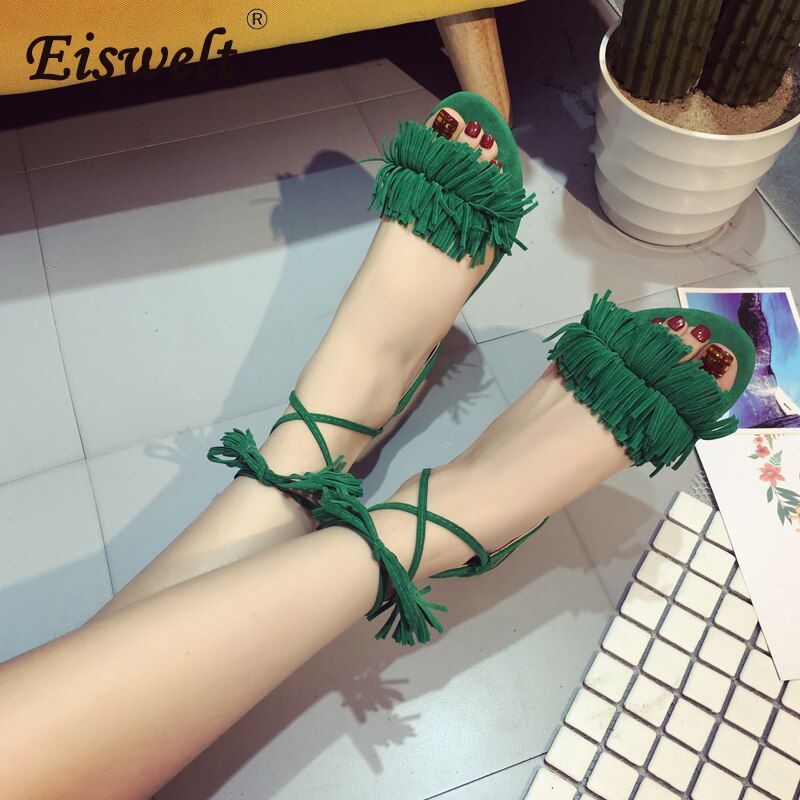 EISWELT Fringe Female Ankle Strap Rome Casual Sandals Women Flats Summer Tassel Shoes Ladies Wedding Women Sandals