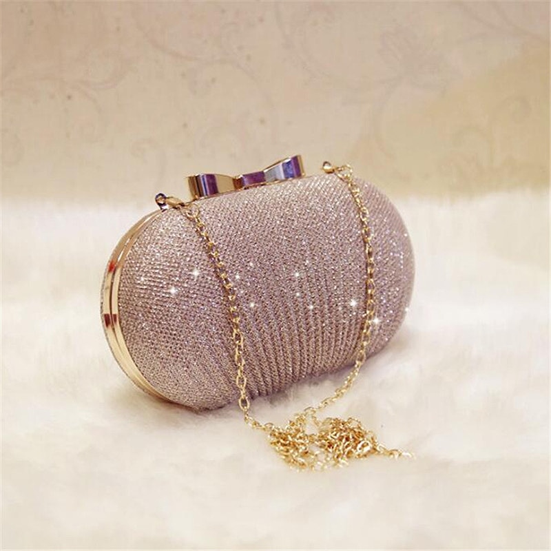 Golden Evening Clutch Bag Women Bags Wedding Shiny Handbags Bridal Metal Bow Clutches Bag Chain Shoulder Bag: Default Title