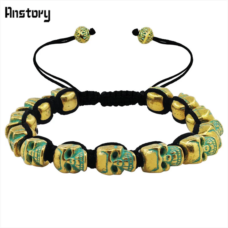Sorriso Crânio Esqueleto Pulseiras Talão Vertente Boho Vintage Antique Banhado A Prata Handmade Woven Rope Artesanato Bijuterias: Boho Antique