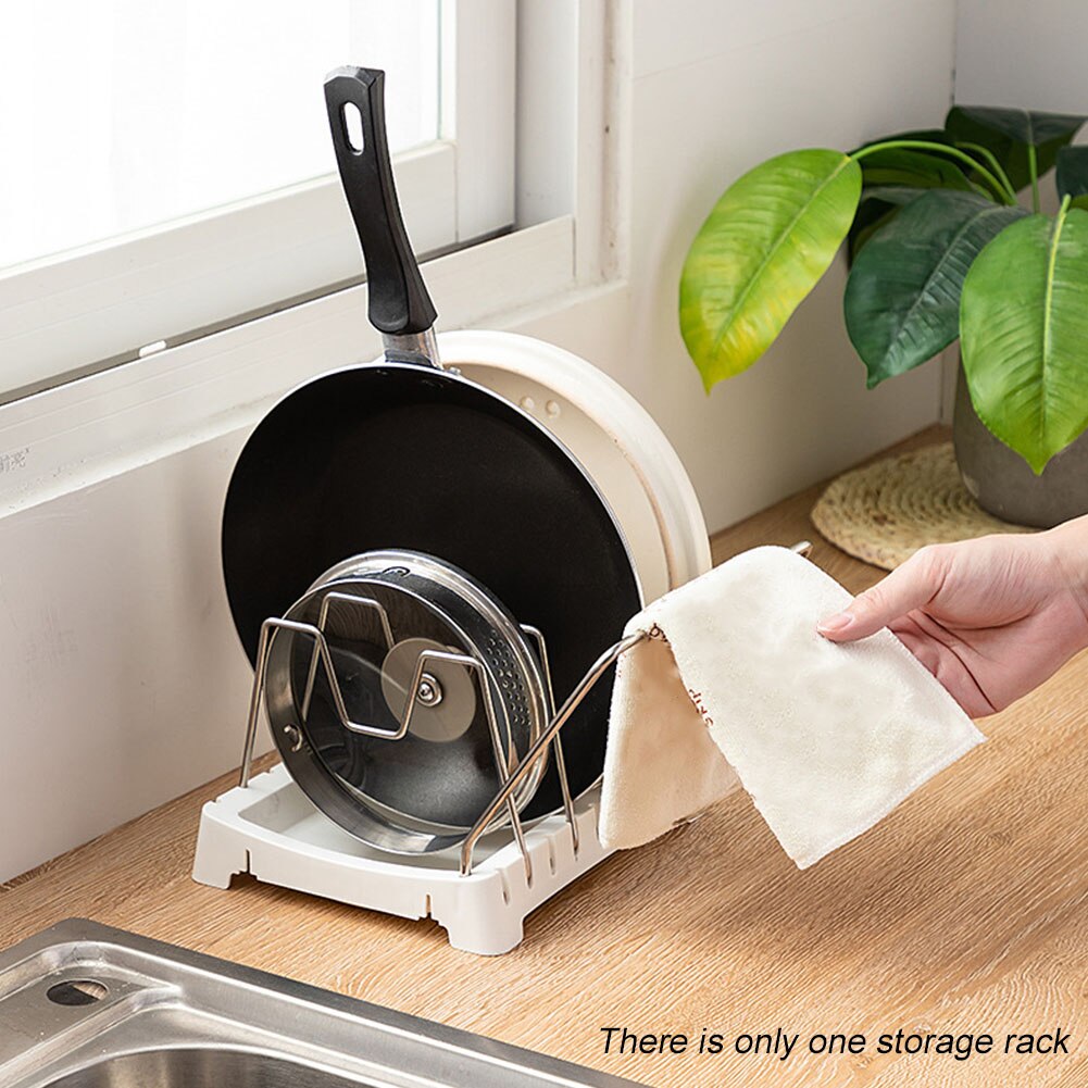 Stainless Steel Adjustable Home Kitchen Pot Lid Organizer Storage Rack Free Standing Cabinet Pantry Multifunction Countertop: White