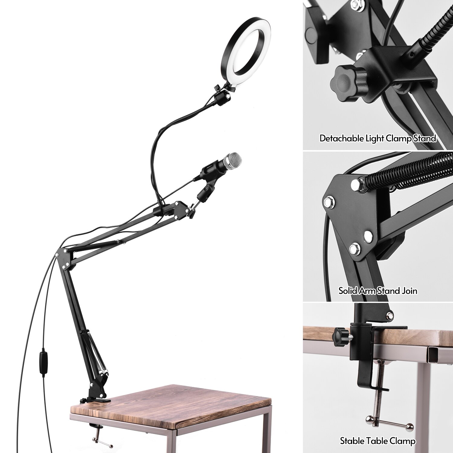 6.5inch/16cm Video Ring Light Kit with Articulating Arm Ball Head Light Stand Micropone Shock Mount Phone Clamp Remote Shutter