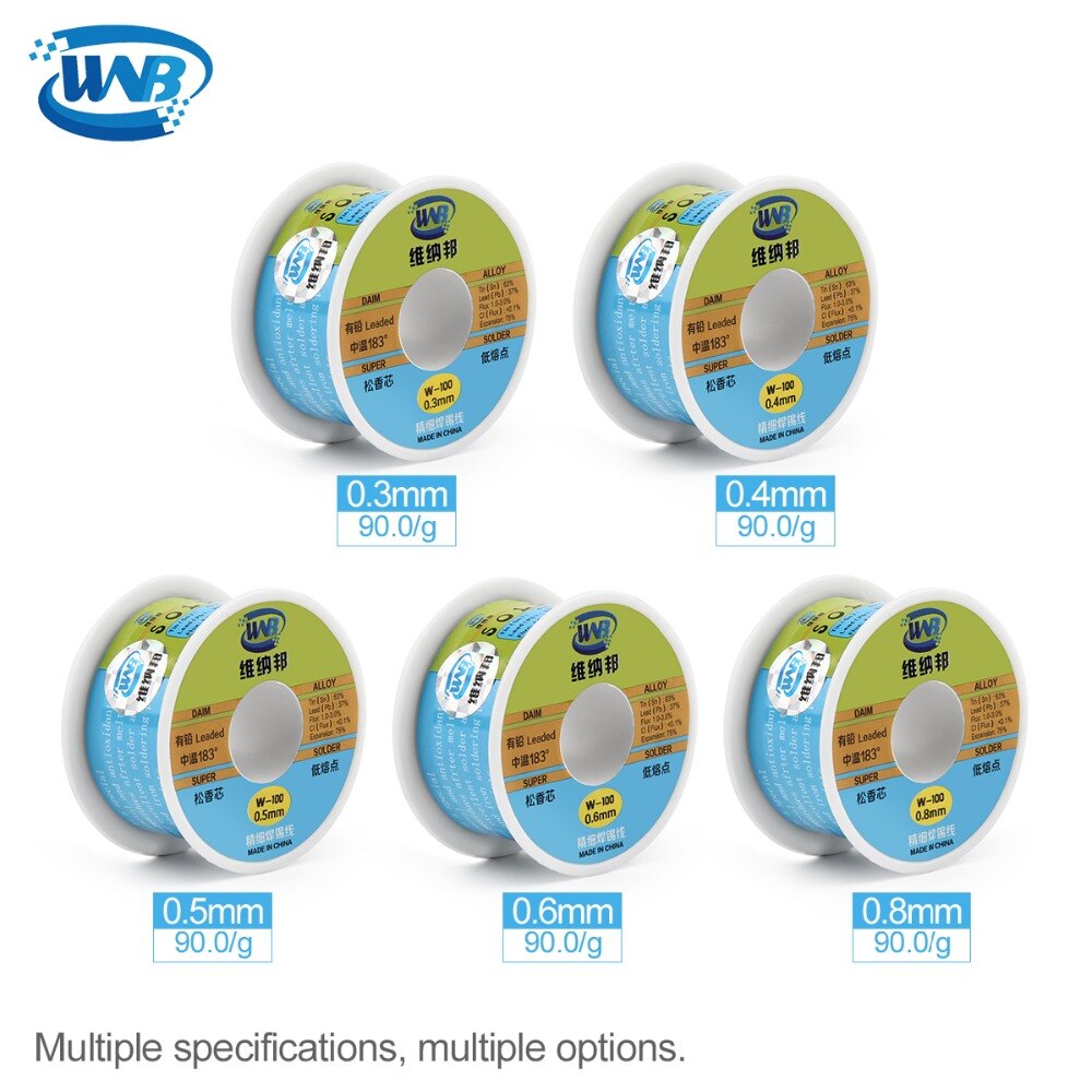 WNB 90g 0,3/0,4/0,5/0,6/0,8mm 63/37 núcleo de resina estaño plomo 183 grados fundir Alambre de soldar plateado fundente de soldadura 2.0% carrete de Cable de hierro