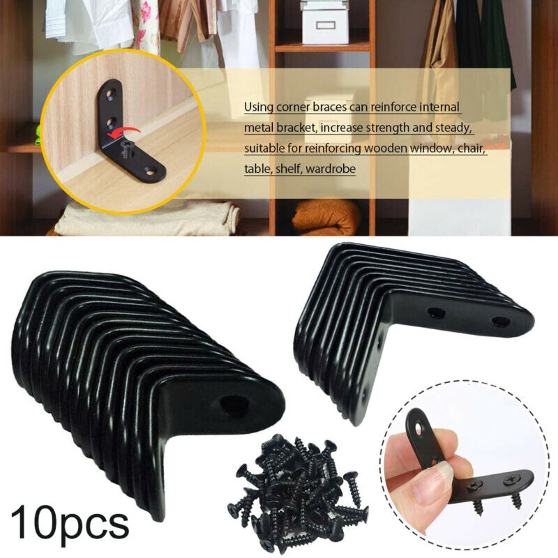 10pcs/Set Supporting Black L-Shaped Brackets With Screws Fixing Right Angle Corners Brace Stainless Steel Furniture Hardware