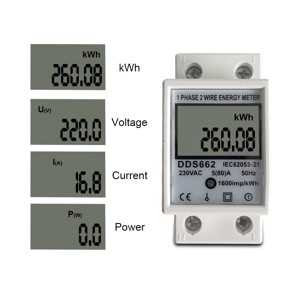 80A Din rail Single Phase Two Wire LCD Digital Display Power Consumption Energy Electric Meter kWh AC 220V 230V 50Hz/60Hz