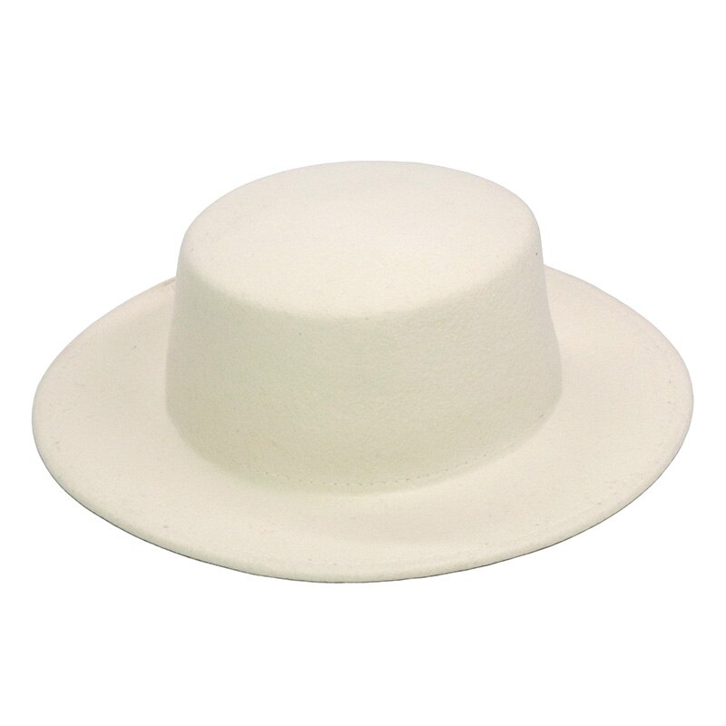 Witte 100%  wollen fedora hoed voor dames, platte zonnehoeden, dameskerkhoeden, bruiloftshoeden: Wit