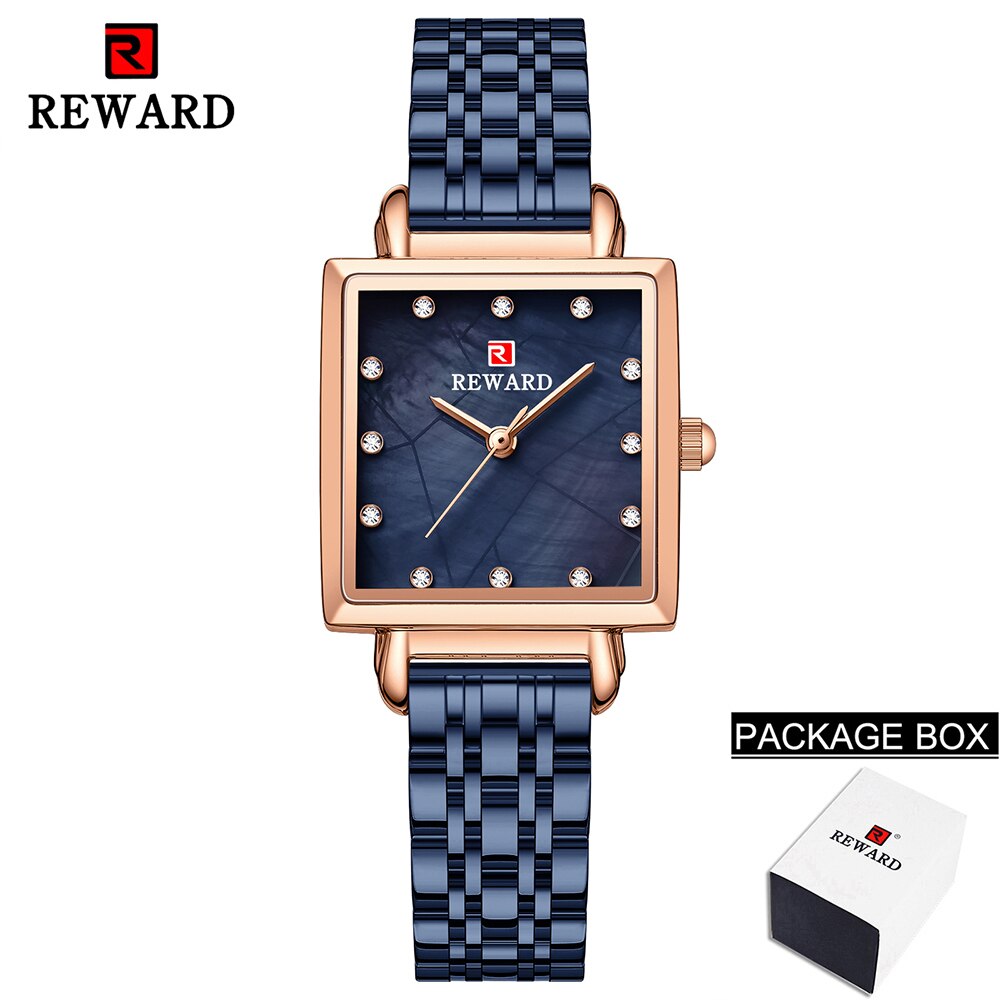 Reloj de cuarzo cuadrado para mujer, pulsera de acero inoxidable de oro rosa Simple, resistente al agua, 2022: Blue Box