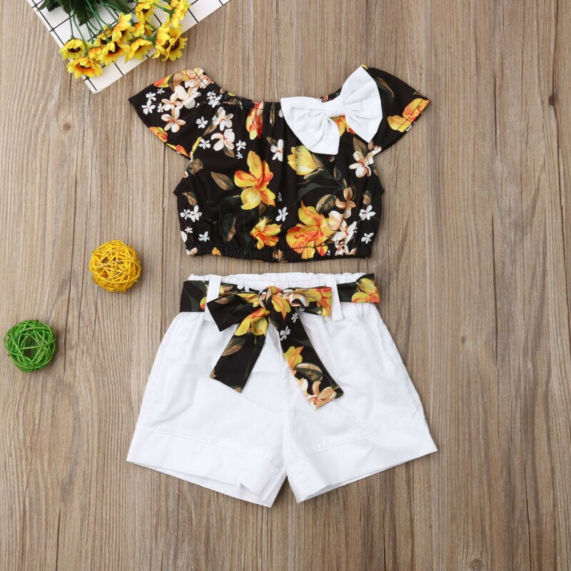 Summer Baby Kid Girl Clothes Floral Print Top T-shirt Solid Short Pant 2pcs Outfits Kids Clothing Sets for 1-5 Years Old