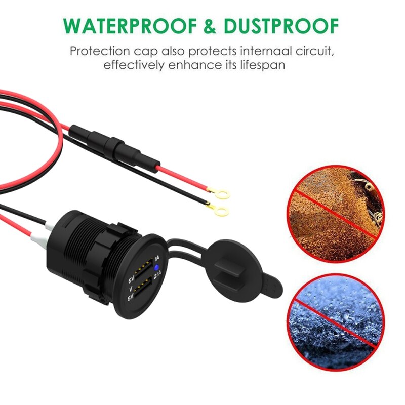 IP66 Water Proof 12V DC 2 USB Motorcycle Cigarette Lighter Socket Charger Connector and Fuse Converter Plug for Car Moto Boat 5V