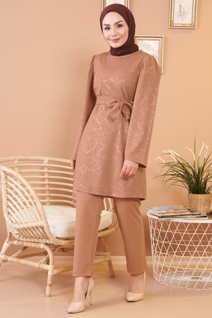 Self-Printed Double Suit Zero Collar Belted Seasonal Hijab Clothing Muslim Women Wedding Engagement Dining Daily: SUIT CAMEL / XL /2XL