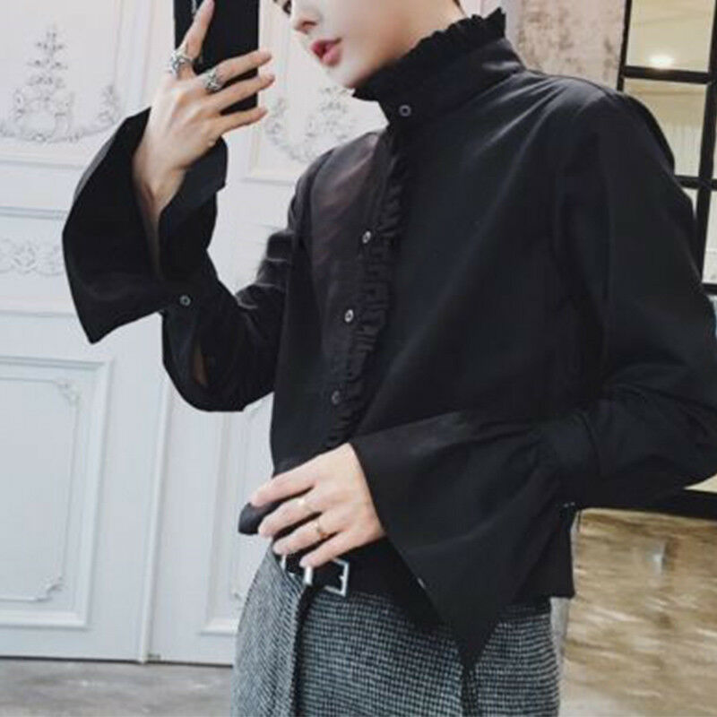 Top Victorian Men Ruffle Collar Punk Puff Sleeve Vintage Premium Gothic Shirt: Black / XL