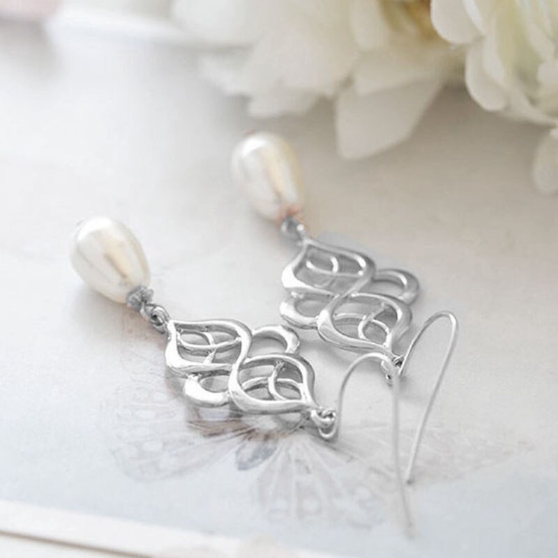Zilveren Oorbellen Zilveren Keltische Eternity Filigraan Teardrop Pearl Dangle Oorbellen Zilver Bridal Earring