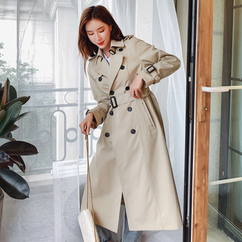 England Style Slim Lady Trench Coat Long Double-Breasted Women Duster Coat with Belt Khaki Windbreaker Spring Autumn: s