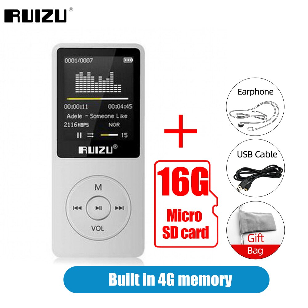 RUIZU X02 lettore MP3 ultrasottile con schermo Mini lettore musicale 4G supporto Radio FM registratore vocale E-book lettore Audio Video Walkman: White 16G TF Card