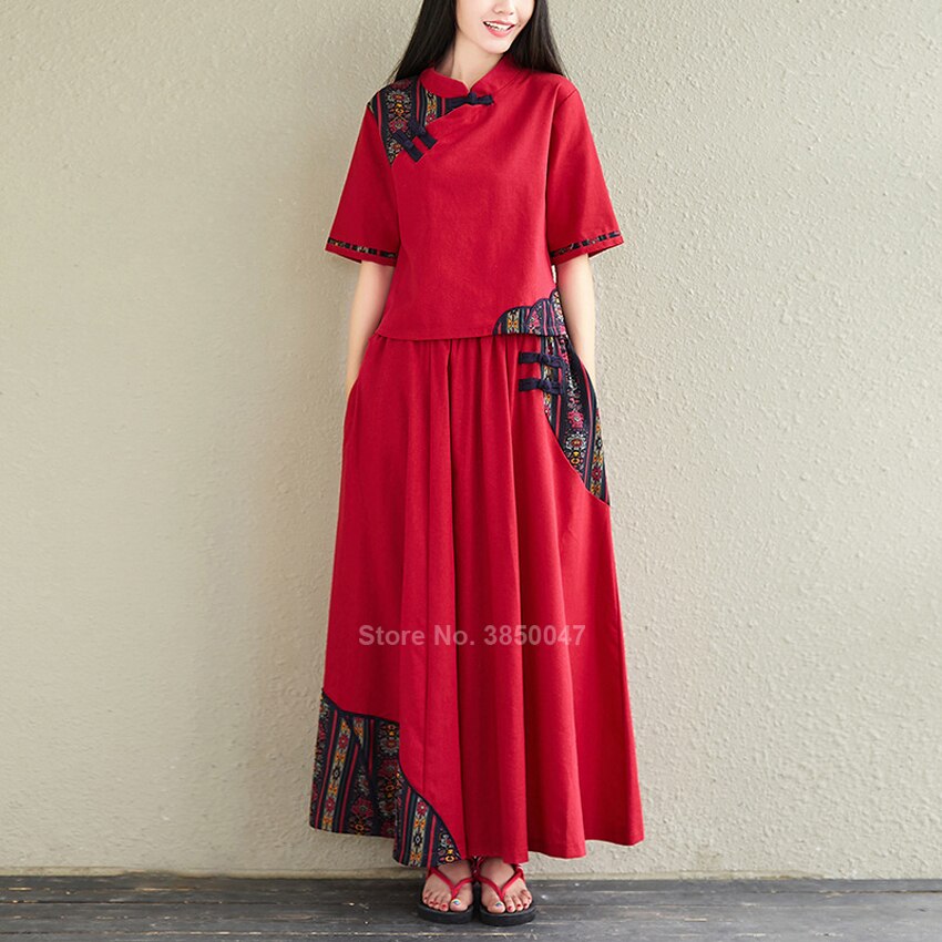 Vêtements chinois traditionnels en lin pour femme, robe rétro Qipao Cheongsam, manches courtes, rouge, ensemble de 2 pièces, collection