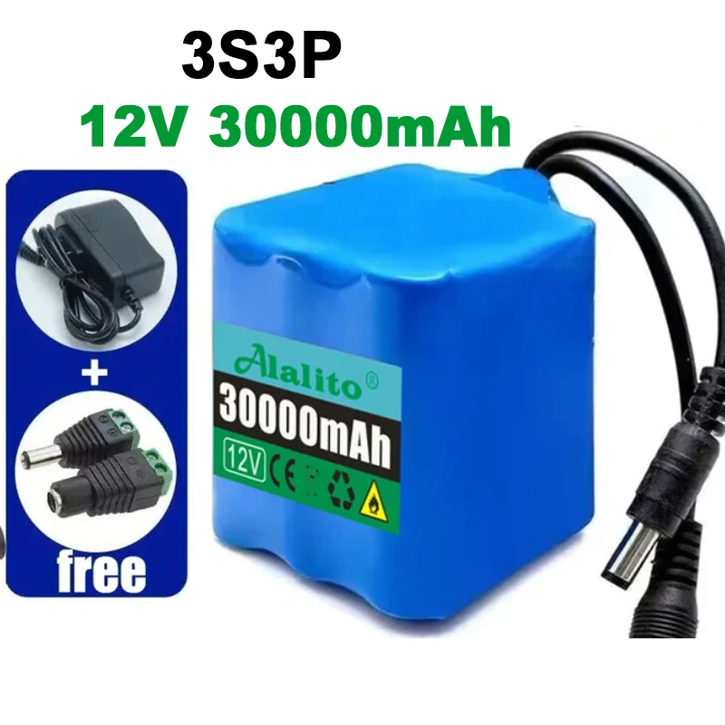 Batteria 12V 30ah 3s3p 18650 agli ioni di litio 12V 20ah-50ah DC12.6V batteria ricaricabile di grande capacità con BMS + caricabatterie: Argento