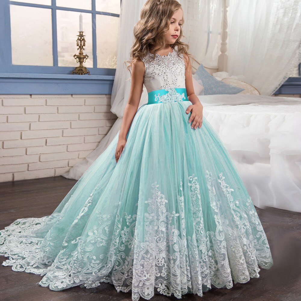 Princesse filles robe jupe enfants Noble montre robe à manches longues un mot épaule traînant jupes