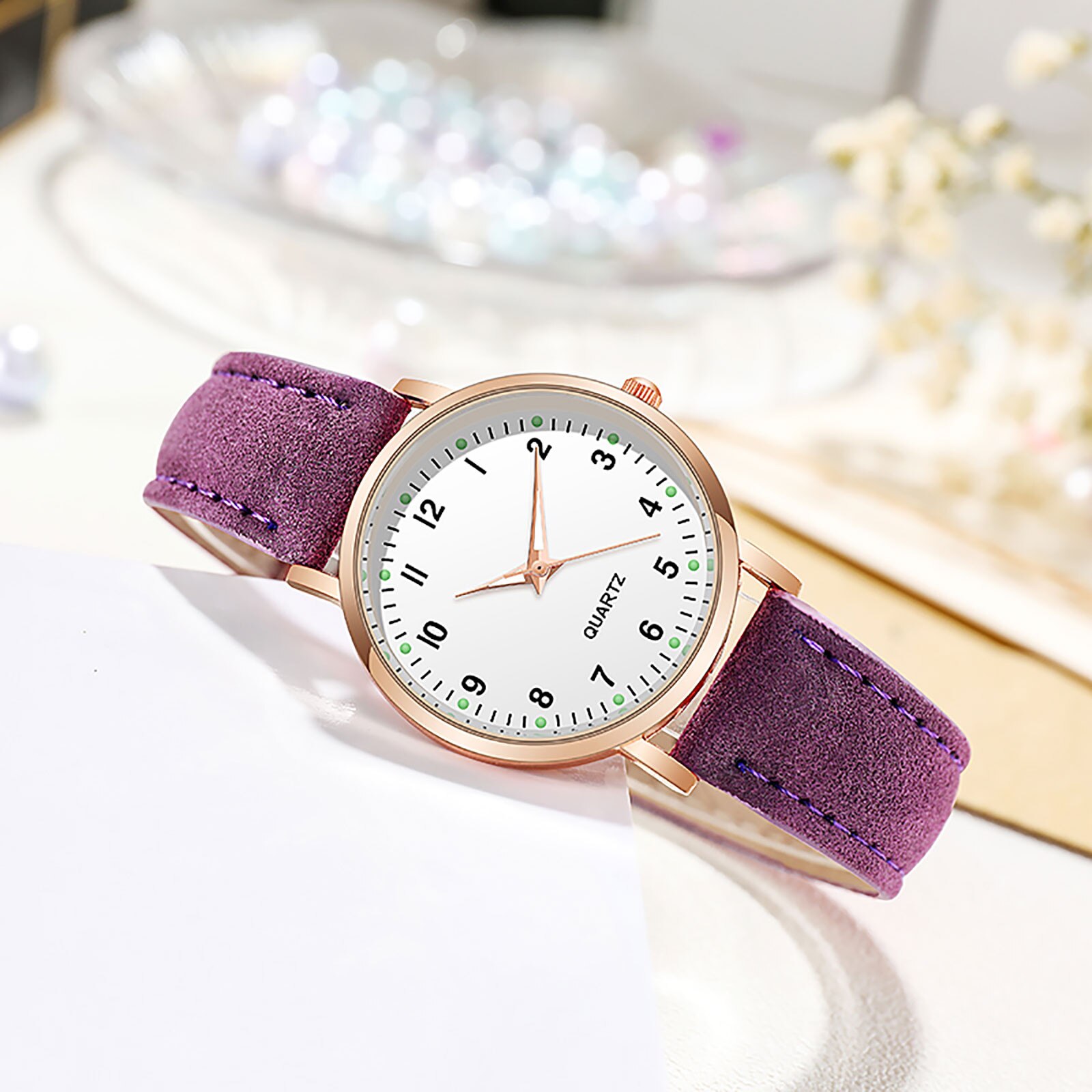 Retro Women's Luxury Leather Band Analog Quartz Wrist Watch Ladies Diamond-studded Luminous Watch Clock Zegarek Damski: Purple