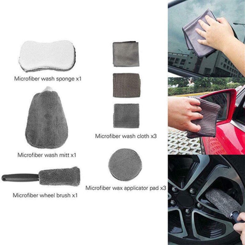 Kit de limpieza para coche, suministros de microfibra para lavado de coche, toalla, detalles, cepillo de rueda de coche, esponja para encerar, combinación de herramientas de limpieza de coche, 9 Uds.