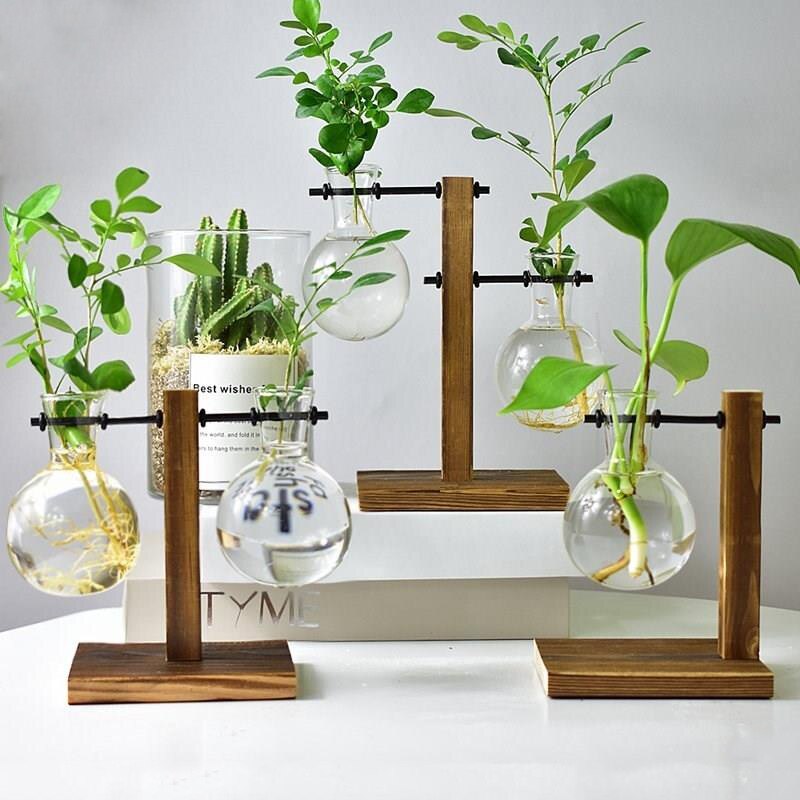 Jarrón hidropónico de cristal con bombilla Vintage Simple, maceta para plantas, bandeja de madera, mesa de oficina y sala de estar, suministros decorativos